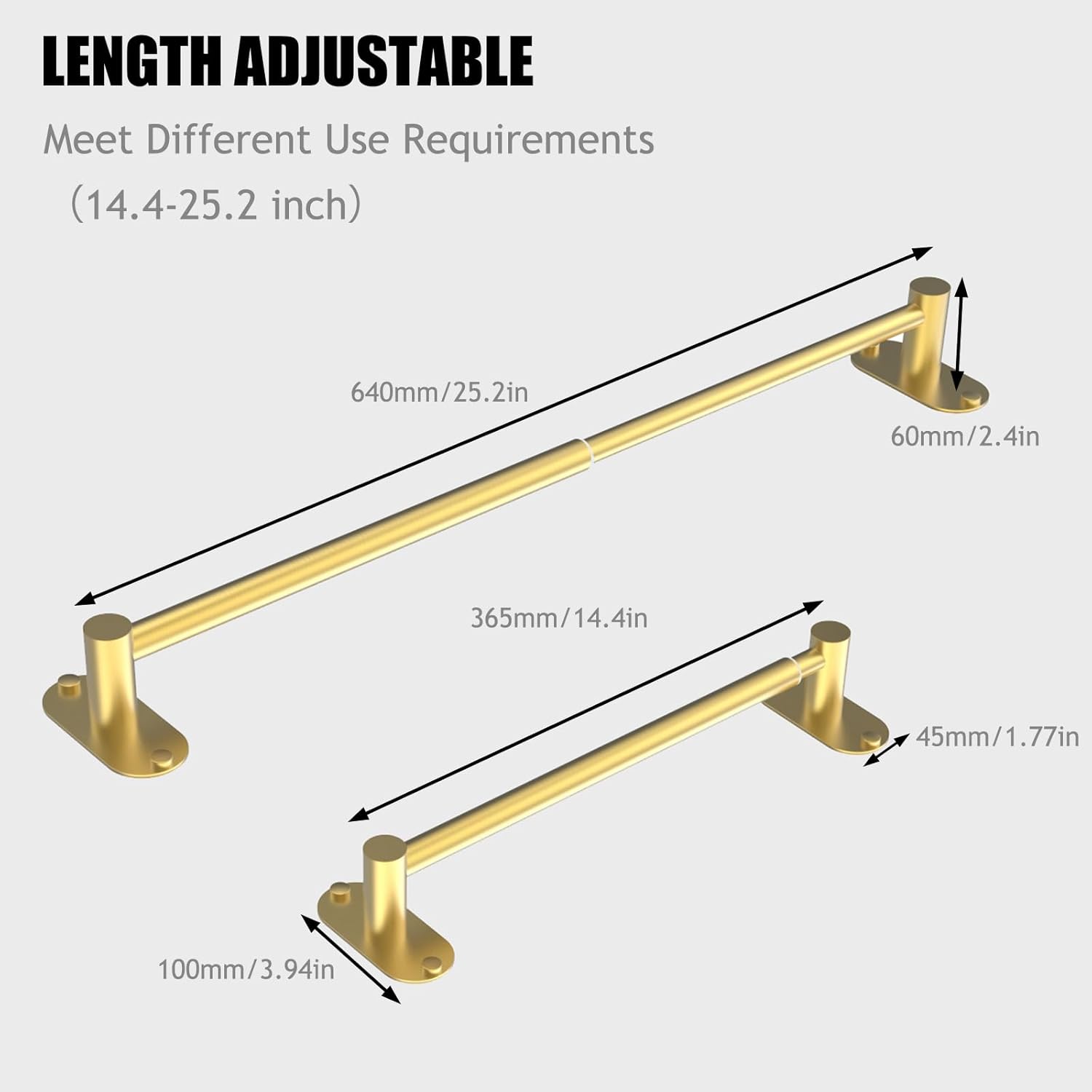 Towel Bar, Adjustable 14.4inch - 25.2inch Towel Rack, Self Adhesive & Wall Mounted for Bathroom Kitchen Hand Towel Holder Cloths Hanger 304 Stainless Steel Organizer Single Bar (1, Gold)